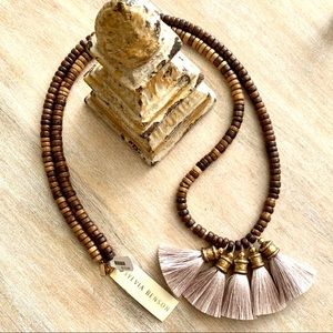 🔴SOLD -Sylvia Benson Natural Wood Beaded Tassel Necklace
